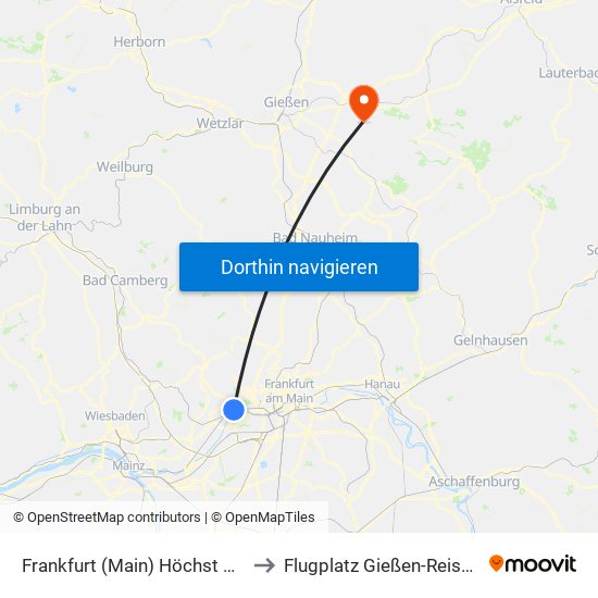 Frankfurt (Main) Höchst Bahnhof to Flugplatz Gießen-Reiskirchen map