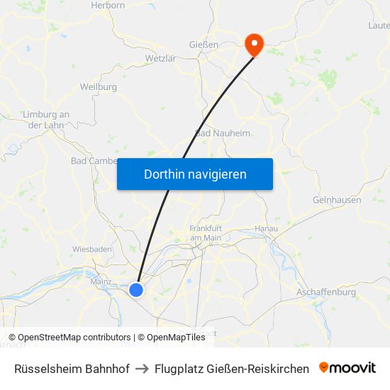Rüsselsheim Bahnhof to Flugplatz Gießen-Reiskirchen map