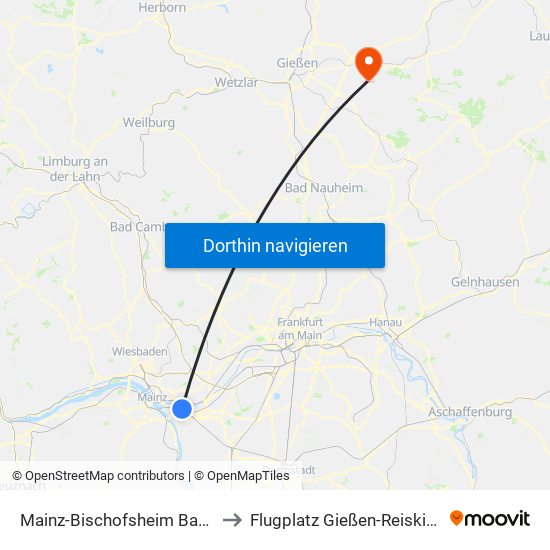 Mainz-Bischofsheim Bahnhof to Flugplatz Gießen-Reiskirchen map