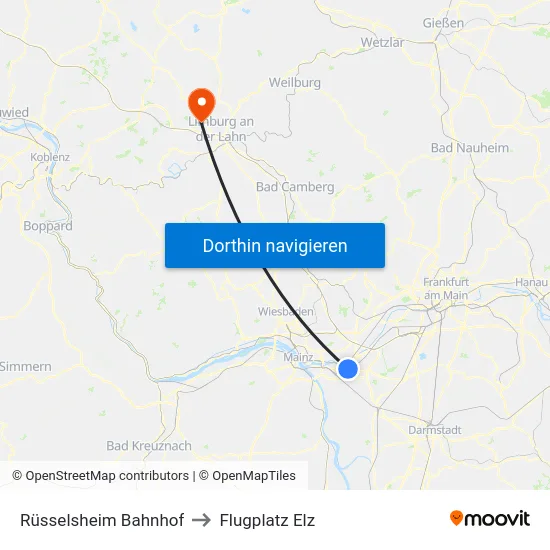 Rüsselsheim Bahnhof to Flugplatz Elz map