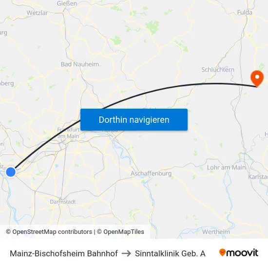 Mainz-Bischofsheim Bahnhof to Sinntalklinik Geb. A map