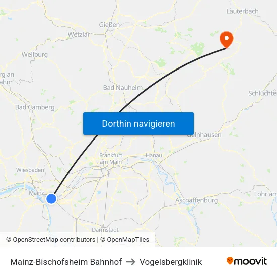 Mainz-Bischofsheim Bahnhof to Vogelsbergklinik map