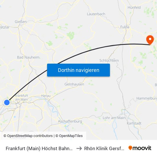 Frankfurt (Main) Höchst Bahnhof to Rhön Klinik Gersfeld map