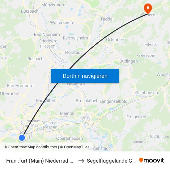 Frankfurt (Main) Niederrad Bahnhof to Segelfluggelände Gedern map