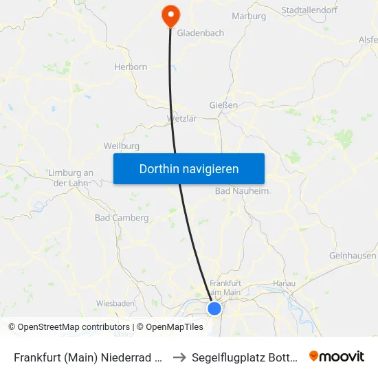 Frankfurt (Main) Niederrad Bahnhof to Segelflugplatz Bottenhorn map