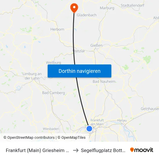 Frankfurt (Main) Griesheim Bahnhof to Segelflugplatz Bottenhorn map