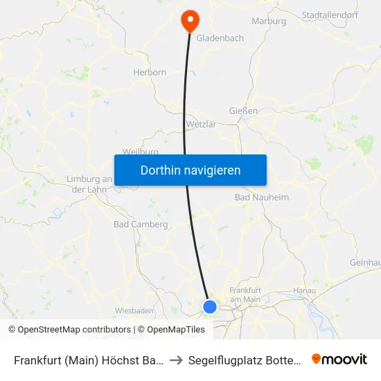 Frankfurt (Main) Höchst Bahnhof to Segelflugplatz Bottenhorn map