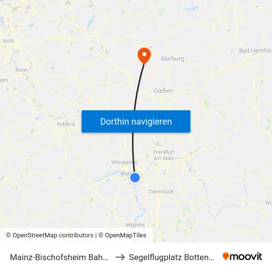 Mainz-Bischofsheim Bahnhof to Segelflugplatz Bottenhorn map