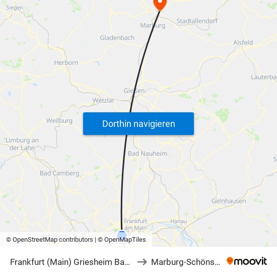 Frankfurt (Main) Griesheim Bahnhof to Marburg-Schönstadt map