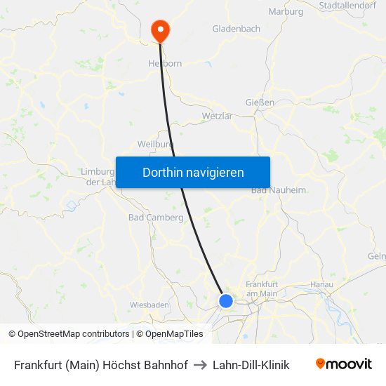 Frankfurt (Main) Höchst Bahnhof to Lahn-Dill-Klinik map