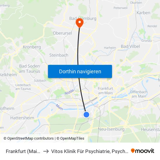 Frankfurt (Main) Niederrad Bahnhof to Vitos Klinik Für Psychiatrie, Psychotherapie Und Psychosomatik Bad Homburg map