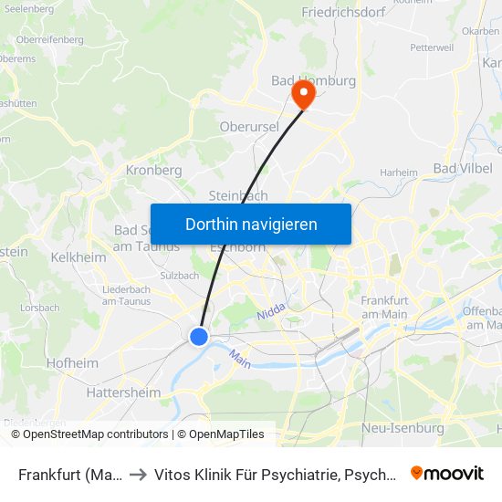 Frankfurt (Main) Höchst Bahnhof to Vitos Klinik Für Psychiatrie, Psychotherapie Und Psychosomatik Bad Homburg map