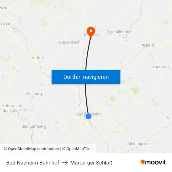Bad Nauheim Bahnhof to Marburger Schloß map