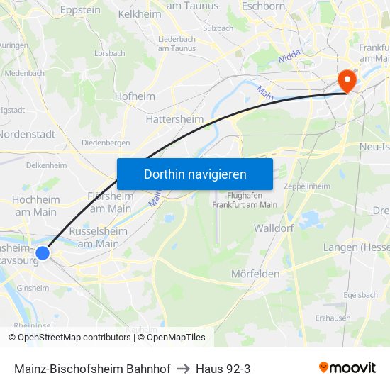 Mainz-Bischofsheim Bahnhof to Haus 92-3 map