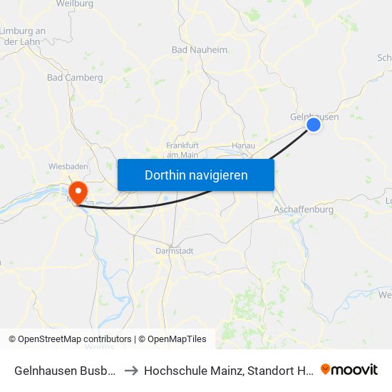 Gelnhausen Busbahnhof to Hochschule Mainz, Standort Holzstraße map