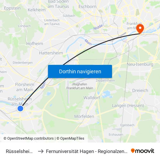 Rüsselsheim Bahnhof to Fernuniversität Hagen - Regionalzentrum Frankfurt am Main map