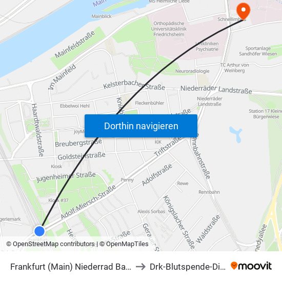 Frankfurt (Main) Niederrad Bahnhof to Drk-Blutspende-Dienst map