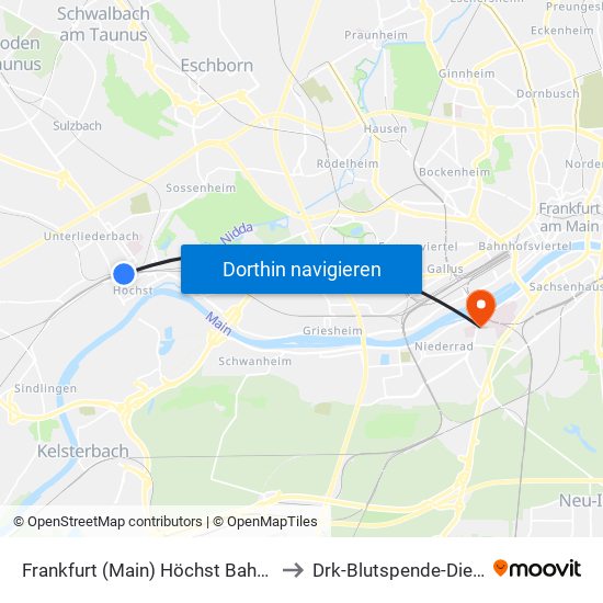 Frankfurt (Main) Höchst Bahnhof to Drk-Blutspende-Dienst map
