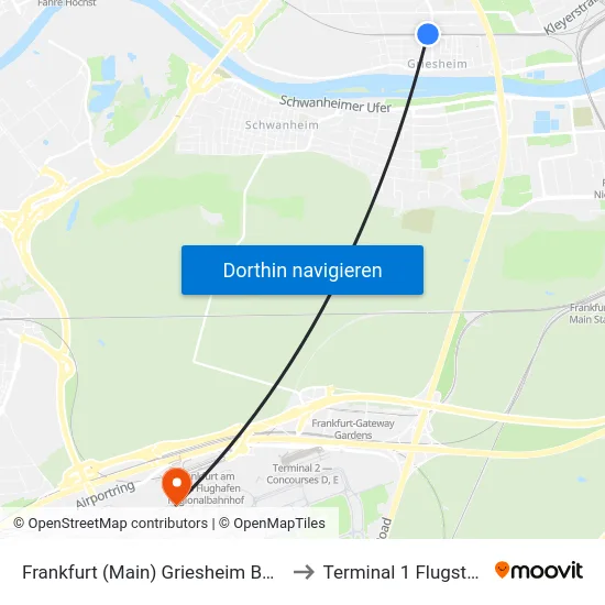 Frankfurt (Main) Griesheim Bahnhof to Terminal 1 Flugsteig A map