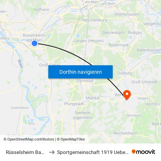 Rüsselsheim Bahnhof to Sportgemeinschaft 1919 Ueberau E.V. map
