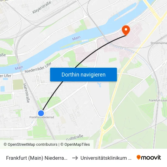 Frankfurt (Main) Niederrad Bahnhof to Universitätsklinikum Frankfurt map