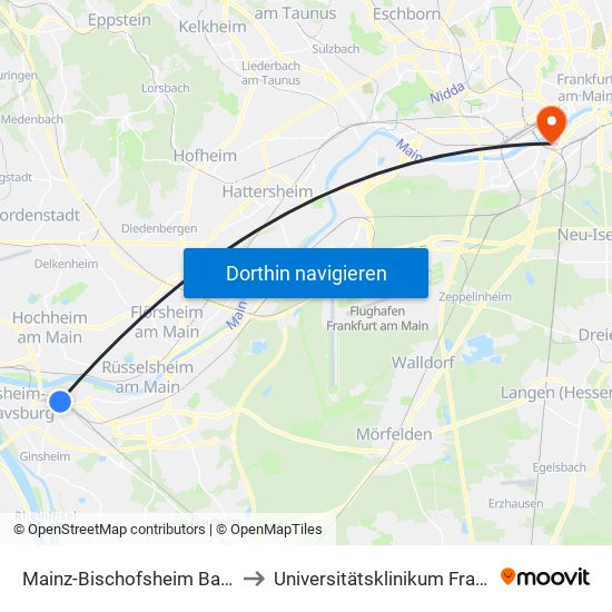 Mainz-Bischofsheim Bahnhof to Universitätsklinikum Frankfurt map