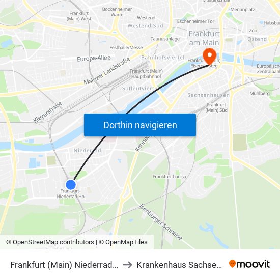 Frankfurt (Main) Niederrad Bahnhof to Krankenhaus Sachsenhausen map