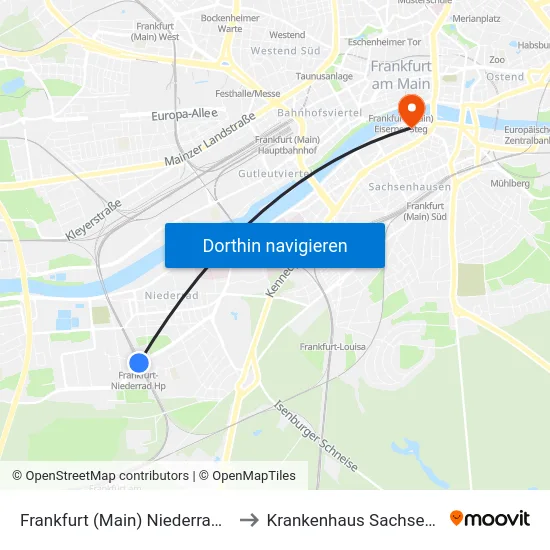 Frankfurt (Main) Niederrad Bahnhof to Krankenhaus Sachsenhausen map