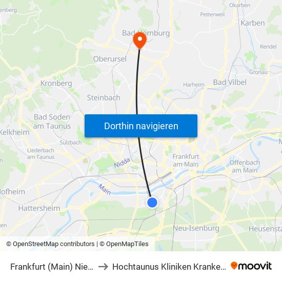 Frankfurt (Main) Niederrad Bahnhof to Hochtaunus Kliniken Krankenhaus Bad Homburg map