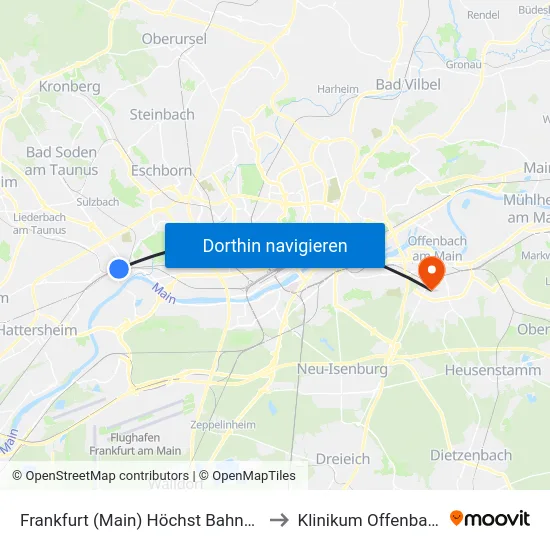Frankfurt (Main) Höchst Bahnhof to Klinikum Offenbach map