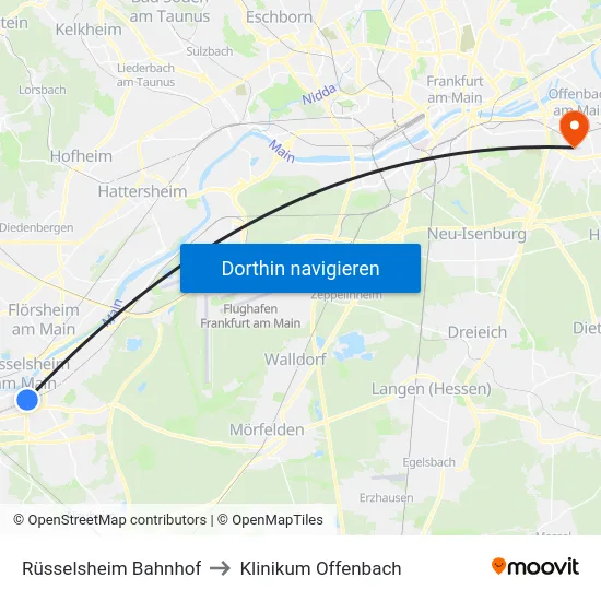 Rüsselsheim Bahnhof to Klinikum Offenbach map