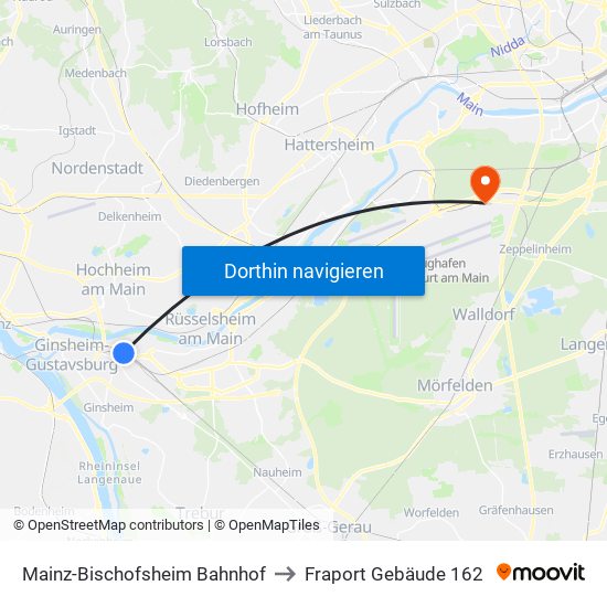 Mainz-Bischofsheim Bahnhof to Fraport Gebäude 162 map