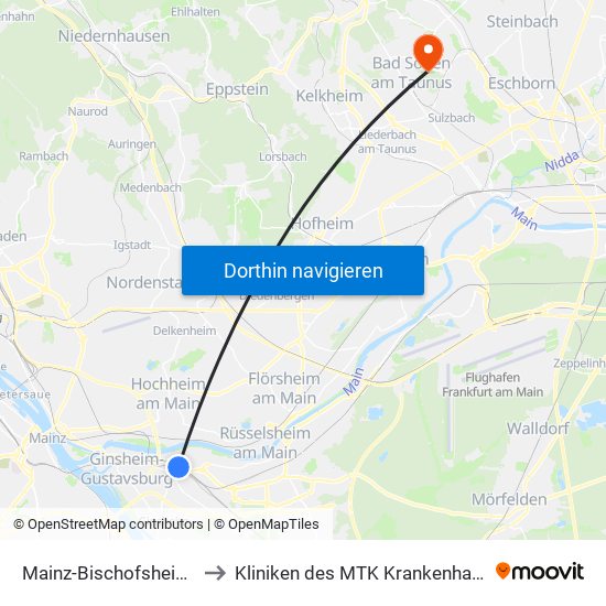 Mainz-Bischofsheim Bahnhof to Kliniken des MTK Krankenhaus Bad Soden map