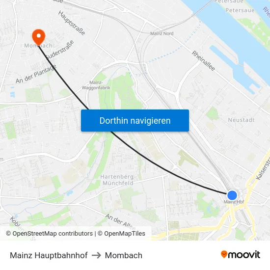 Mainz Hauptbahnhof to Mombach map