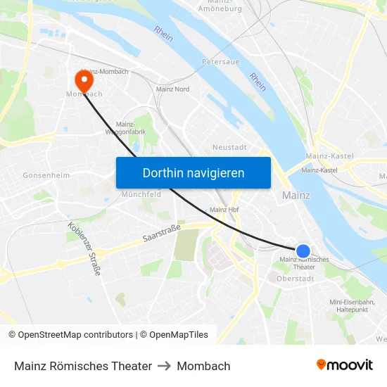 Mainz Römisches Theater to Mombach map