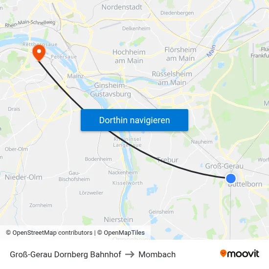 Groß-Gerau Dornberg Bahnhof to Mombach map
