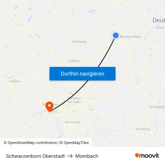 Schwarzenborn Oberstadt to Mombach map
