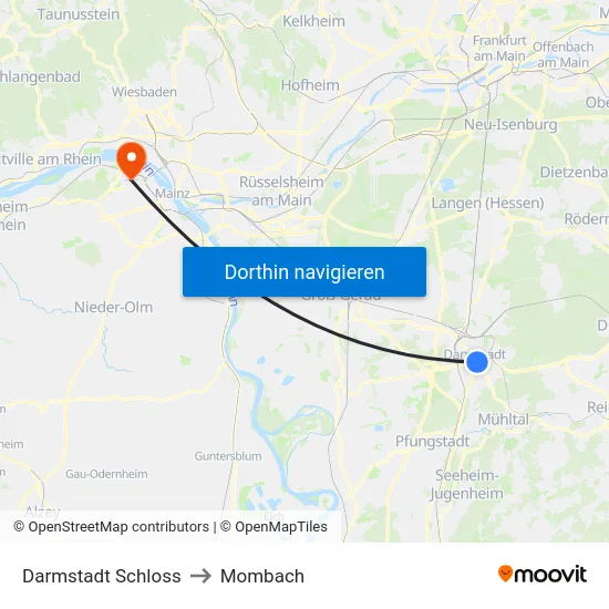 Darmstadt Schloss to Mombach map