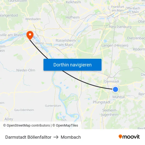 Darmstadt Böllenfalltor to Mombach map