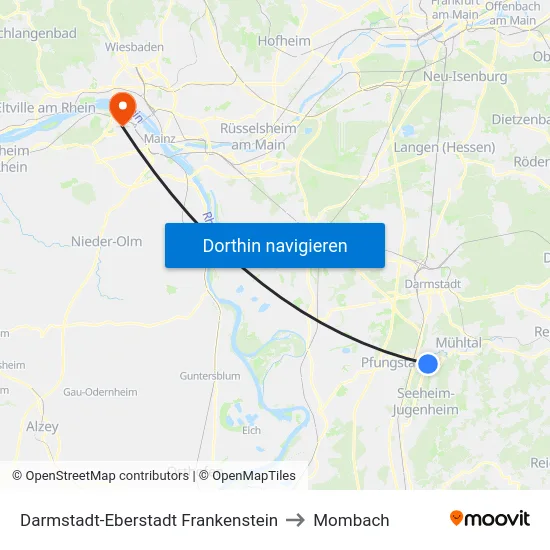 Darmstadt-Eberstadt Frankenstein to Mombach map