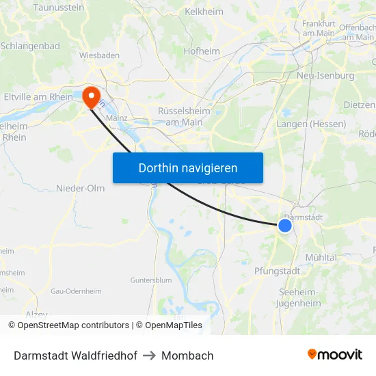 Darmstadt Waldfriedhof to Mombach map