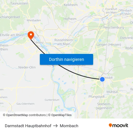 Darmstadt Hauptbahnhof to Mombach map