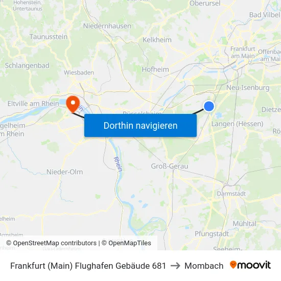Frankfurt (Main) Flughafen Gebäude 681 to Mombach map