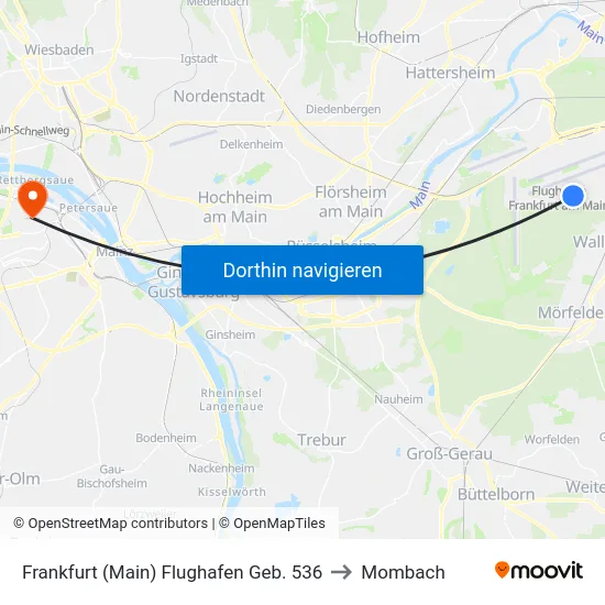 Frankfurt (Main) Flughafen Geb. 536 to Mombach map