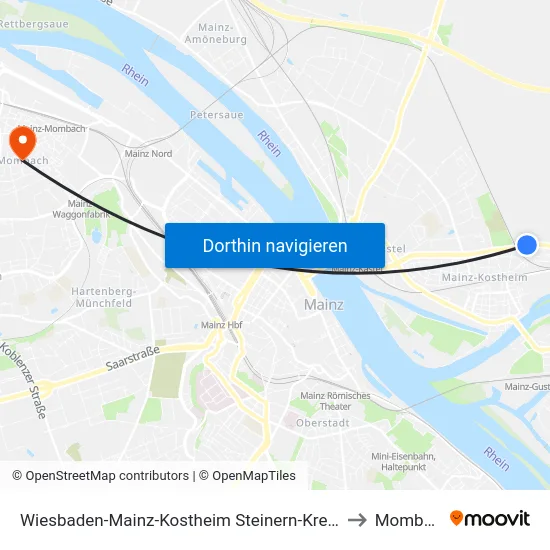 Wiesbaden-Mainz-Kostheim Steinern-Kreuz-Weg to Mombach map