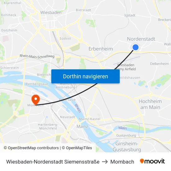 Wiesbaden-Nordenstadt Siemensstraße to Mombach map