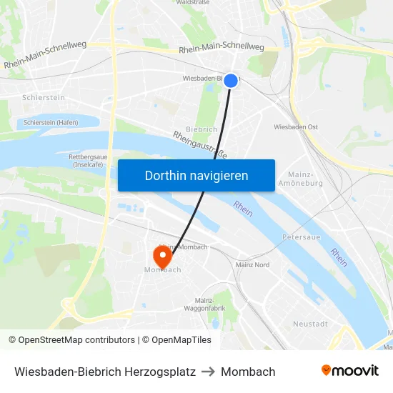 Wiesbaden-Biebrich Herzogsplatz to Mombach map