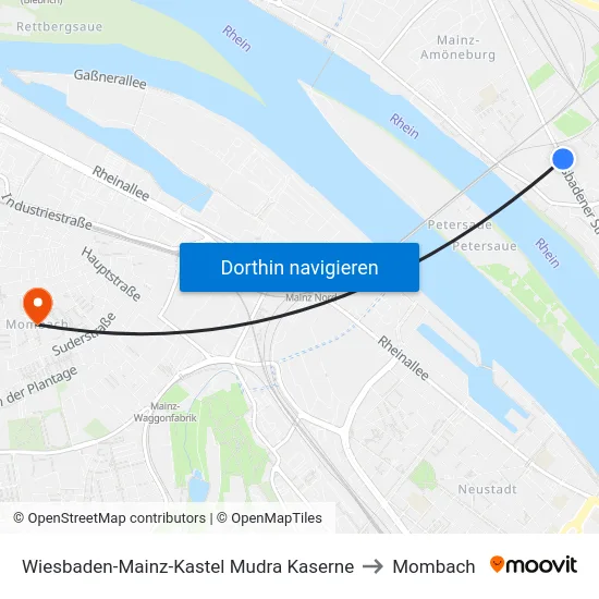 Wiesbaden-Mainz-Kastel Mudra Kaserne to Mombach map
