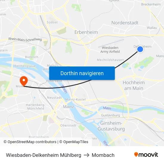 Wiesbaden-Delkenheim Mühlberg to Mombach map
