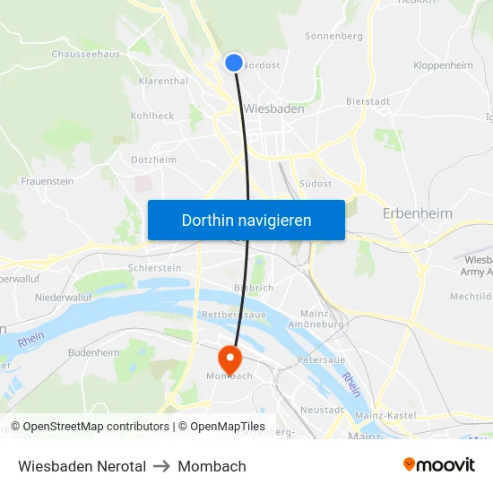 Wiesbaden Nerotal to Mombach map